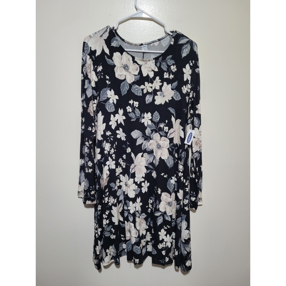 NWT Old Navy Floral Swing Dress Women Large Black Long Sleeve Crew Neck